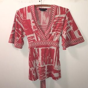 BCBGMaxAzria V Neck Top Bell Sleeve Orange Print